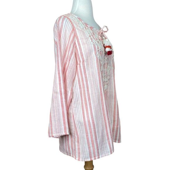 Soft Surroundings Tassel Top Size Medium Cotton Boho Stripe Beach Blouse - Picture 3 of 6